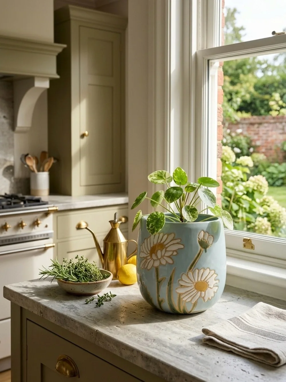 Handmade Ceramic Daisy Planter with Drainage Hole, Cute Light Blue flower pot